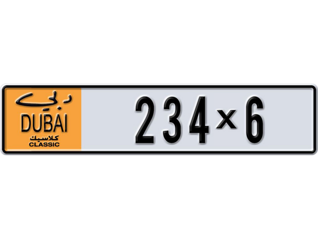 Dubai Plate number A 234X6 for sale - Long layout, Dubai logo, Full view