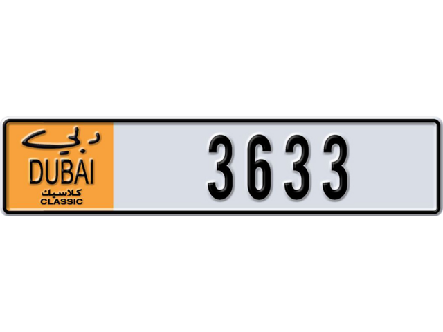 Dubai Plate number A 3633 for sale - Long layout, Dubai logo, Full view