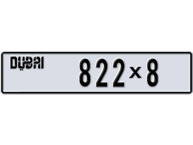 Dubai Plate number B 822X8 for sale - Long layout, Dubai logo, Full view