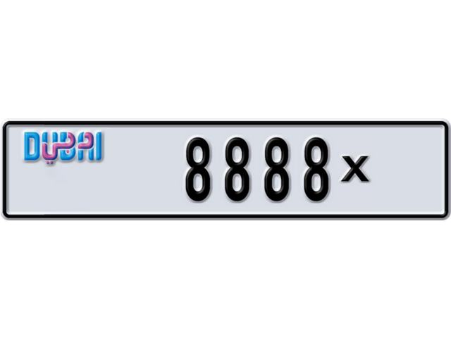 Dubai Plate number T 8888X for sale - Long layout, Dubai logo, Full view