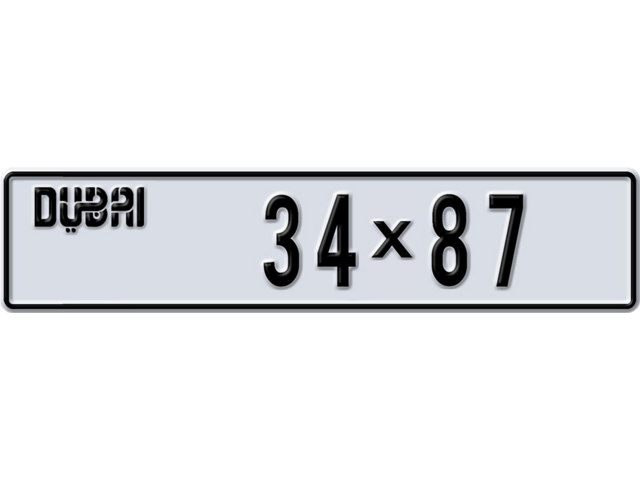 Dubai Plate number AA 34X87 for sale - Long layout, Dubai logo, Сlose view