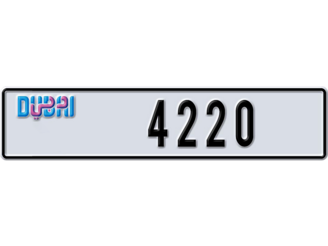 Dubai Plate number E 4220 for sale - Long layout, Dubai logo, Сlose view