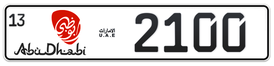 Abu Dhabi Plate number 13 2100 for sale - Long layout, Dubai logo, Full view