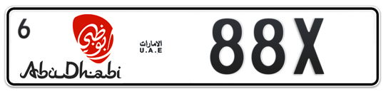 Abu Dhabi Plate number 6 88X for sale - Long layout, Dubai logo, Full view