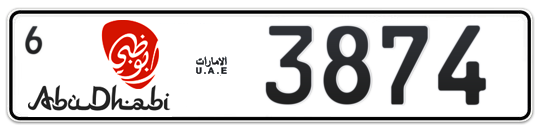 Abu Dhabi Plate number 6 3874 for sale - Long layout, Dubai logo, Сlose view