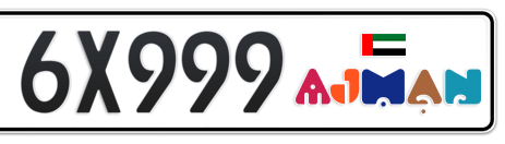 Ajman Plate number B 6X999 for sale - Short layout, Dubai logo, Сlose view