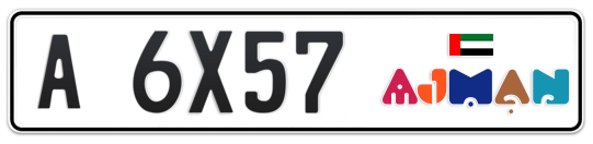 Ajman Plate number A 6X57 for sale - Long layout, Dubai logo, Full view