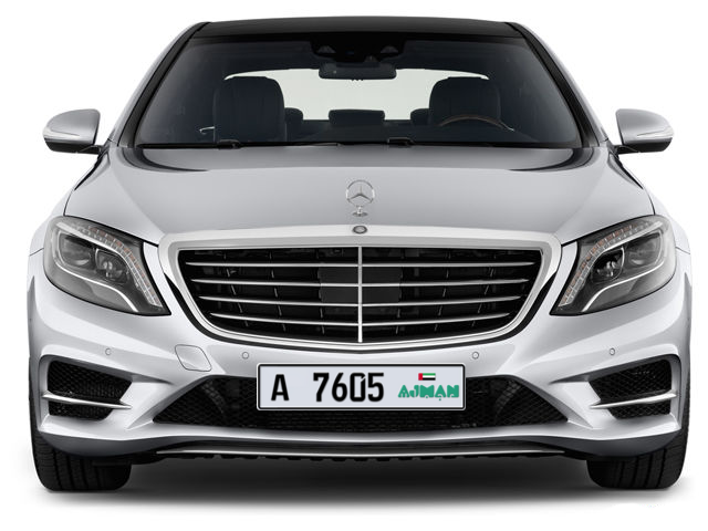 Ajman Plate number A 7605 for sale - Long layout, Dubai logo, Full view