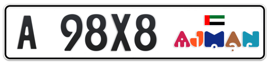 Ajman Plate number A 98X8 for sale - Long layout, Dubai logo, Full view