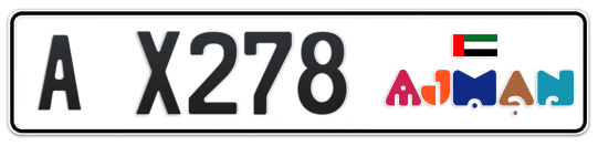 Ajman Plate number A X278 for sale - Long layout, Dubai logo, Full view