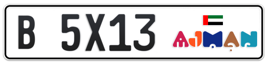 Ajman Plate number B 5X13 for sale - Long layout, Dubai logo, Full view