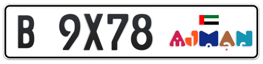 Ajman Plate number B 9X78 for sale - Long layout, Dubai logo, Full view