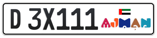 Ajman Plate number D 3X111 for sale - Long layout, Dubai logo, Full view