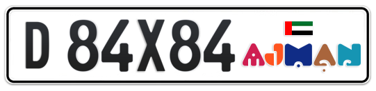 Ajman Plate number D 84X84 for sale - Long layout, Dubai logo, Full view