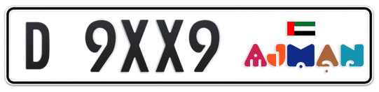 Ajman Plate number D 9XX9 for sale - Long layout, Dubai logo, Full view