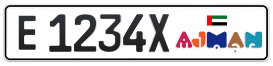 Ajman Plate number E 1234X for sale - Long layout, Dubai logo, Full view