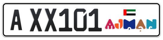 Ajman Plate number A XX101 for sale - Long layout, Dubai logo, Сlose view