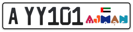 Ajman Plate number A YY101 for sale - Long layout, Dubai logo, Сlose view